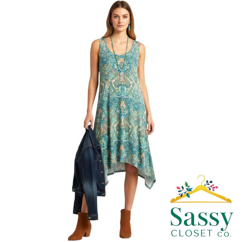 Lucky Brand Plus 3X Teal Paisley Knit Midi Dress Sleeveless Hanky Hem